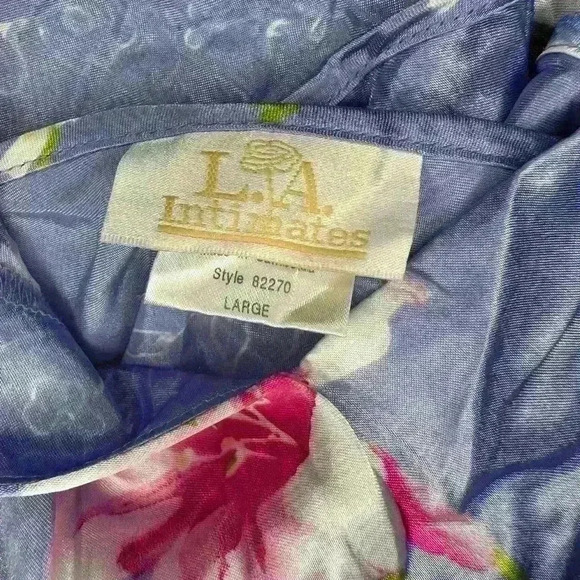 Y2K 90s Sand Blue Floral Satin Midi Slip Dress By LA Intimates - Picture 7 of 9